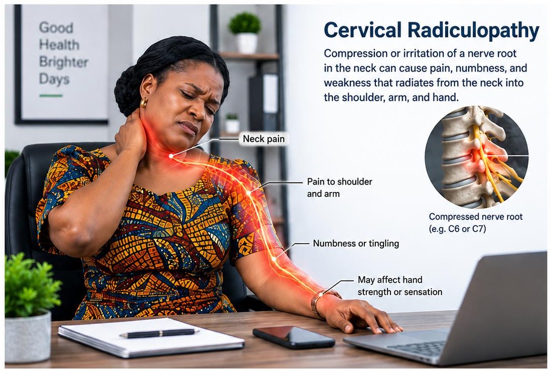 Cervical radiculopathy illustration showing neck nerve compression with pain radiating into the shoulder, arm, and hand