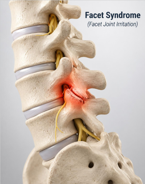 Facet syndrome illustration showing facet joint irritation in the spine