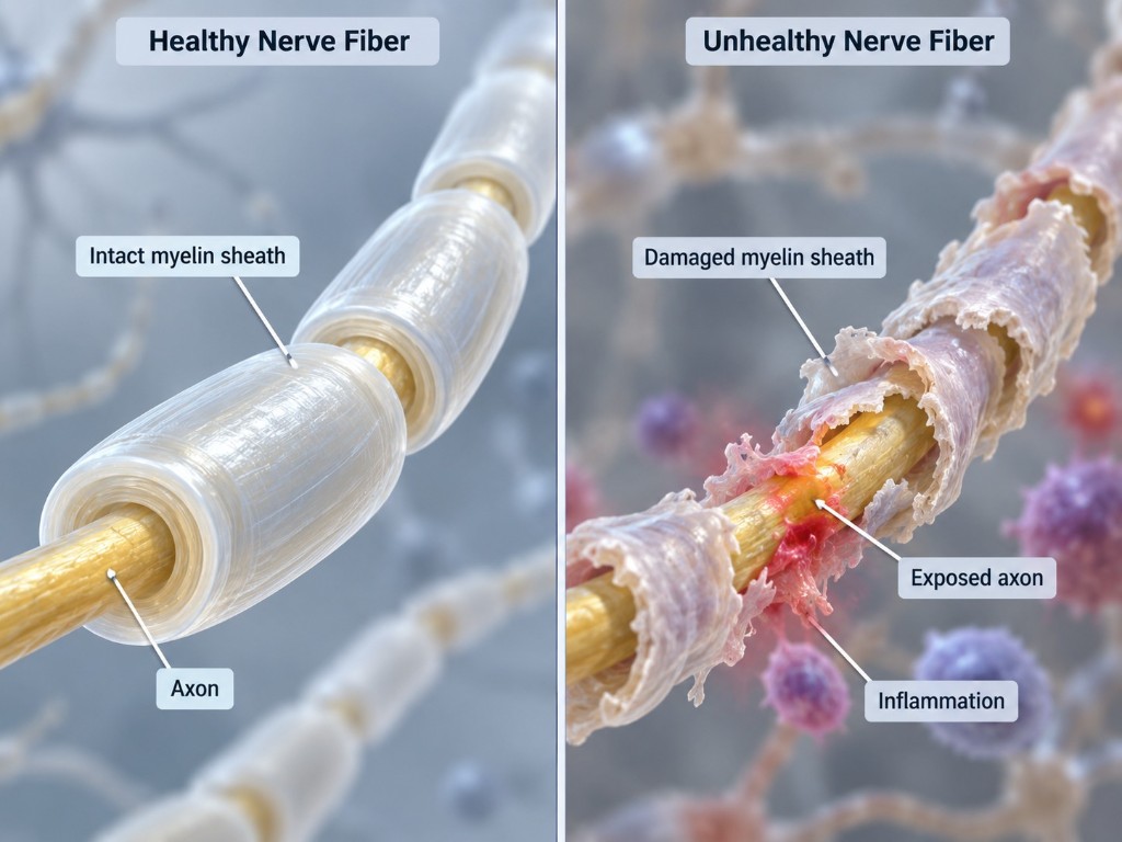 Comparison of a healthy nerve fiber and an unhealthy nerve fiber with damaged myelin