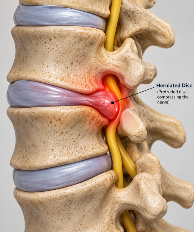Herniated disc illustration showing a protruded disc compressing the spinal nerve