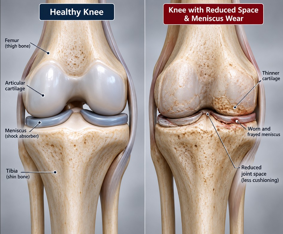 Comparison of a healthy knee and a knee with reduced joint space and meniscus wear