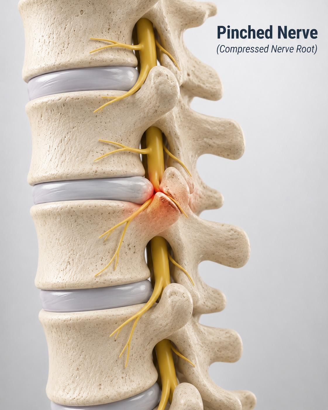 Pinched nerve illustration showing a compressed nerve root between vertebrae