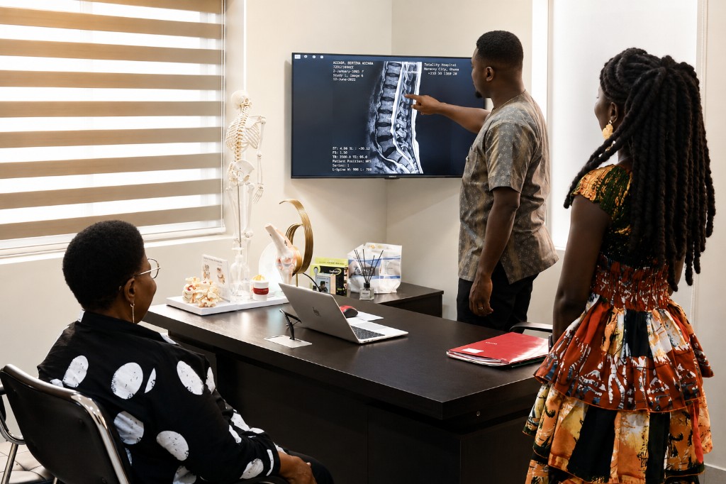 Clinician reviewing spine imaging with patients during a clinical assessment at Spine and Nerve Center Ghana