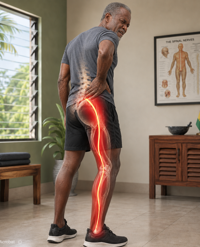 Sciatica illustration showing pain radiating along the sciatic nerve from the lower back down the leg